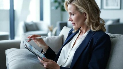 Professional businesswoman reviews financial data on a digital tablet while seated comfortably on a modern office sofa - Powered by Adobe