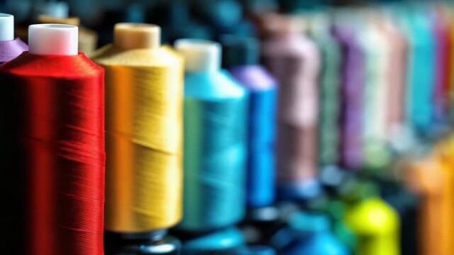 Macro Shot of Colorful Thread Spools Neatly Arranged in a Row with a Blurred Background, Displaying a Spectrum of Colors from Blue to Red in Soft Lighting