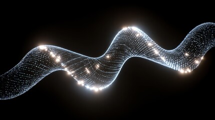 Glowing Wavy Line of Particles with Bright Lights on Black Background abstract wave