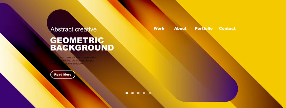 Abstract gradient background. Geometric shapes, text elements, navigation menu present. Modern design for website header or banner.
