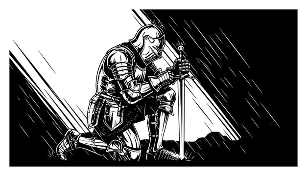 Medieval armored knight kneeling with sword in rain vector black and white fantasy warrior illustration