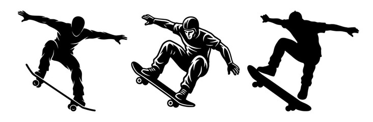 Obraz premium Set of black silhouettes of skateboarders in action