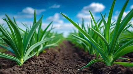 Fototapeta premium A field of green plants with a blue sky in the background