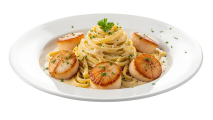 Seared Scallops with Fettuccine Alfredo, isolated on white or transparent background. PNG