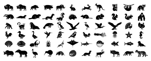 Fototapeta na wymiar Big set of wild animal silhouettes including mammals birds insects and sea life vector black icon collection