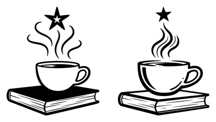 Steaming coffee cup on a closed book with magic star shape steam vector icon set in black and white style © Katarzyna
