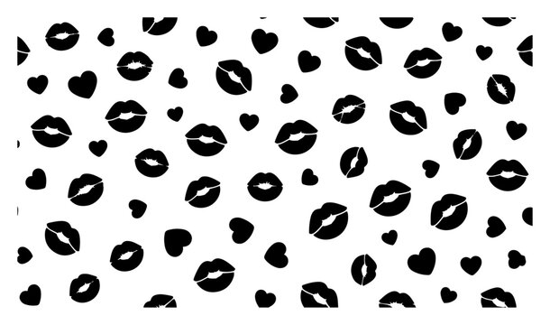 Seamless vector pattern with romantic black lips and hearts on white background