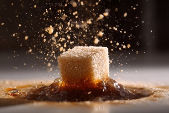 Sugar cube splash in coffee - close-up of brown sugar dissolving in dark liquid