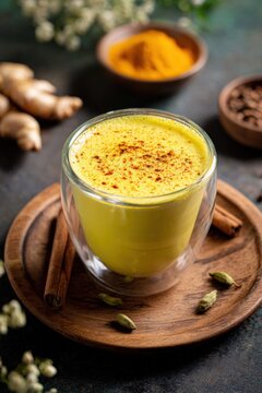 Golden turmeric latte with cinnamon and cardamom on wooden tray