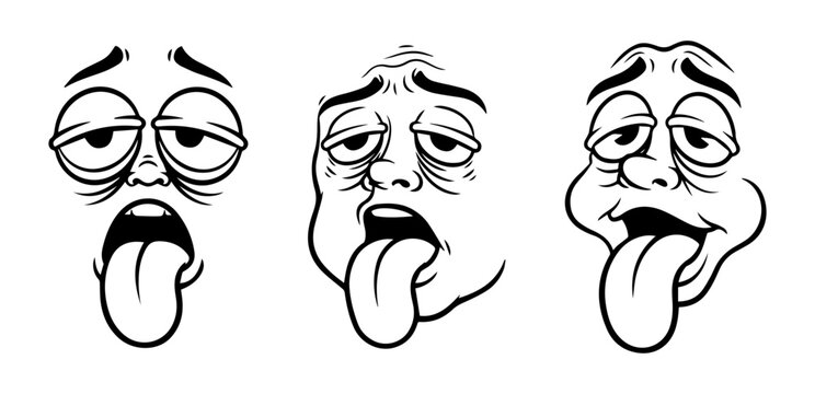  Set of cartoon faces showing a tired or bored expression with a tongue sticking out