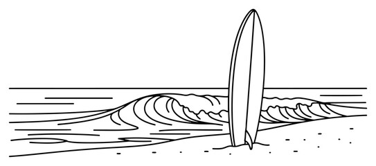 Minimalist beach landscape with surfboard and ocean wave black and white vector line art © Katarzyna