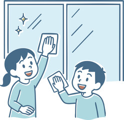 楽しそうに窓掃除のお手伝いをする兄妹
Brother and sister happily helping clean windows