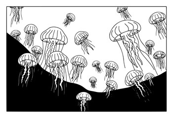 Group of swimming jellyfish underwater vector illustration in black and white style © Katarzyna