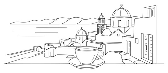 Obraz premium Santorini island landscape with coffee cup and traditional greek architecture sketch