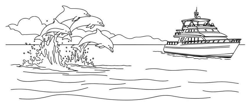 Jumping dolphins and luxury yacht in the ocean line art vector illustration