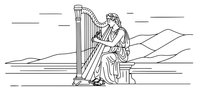 Ancient greek woman playing harp musical instrument vector illustration with mountain landscape
