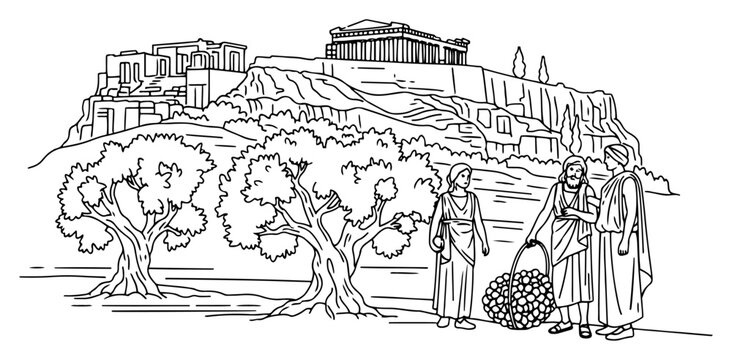 Ancient greek landscape with olive harvest and acropolis hill black and white vector sketch