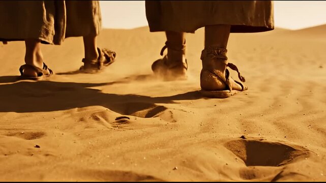 Close-up of feet in ancient leather sandals walking on desert sand. Biblical character journeying through the wilderness at sunset. Historical pilgrimage concept