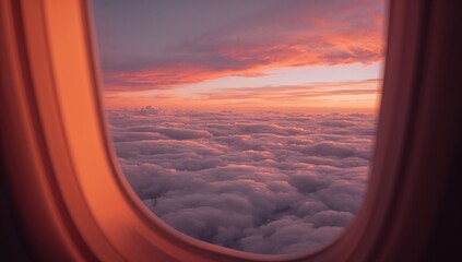 Framing airplane window frame and sill showing rolling cloudscape at cruising altitude, warm mauve