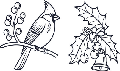 Cute cartoon bird illustration on a spring tree branch with leaf and floral decoration