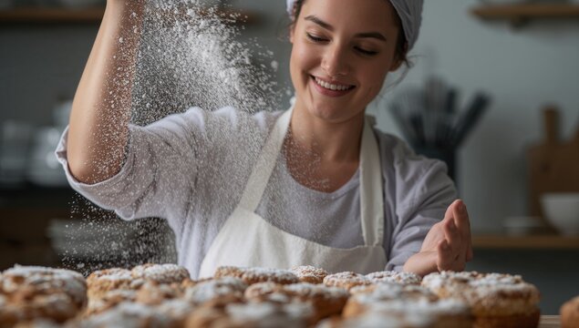 Sprinkling powdered sugar, smiling woman in apron, head wrap dusting pastries on counter in kitchen
