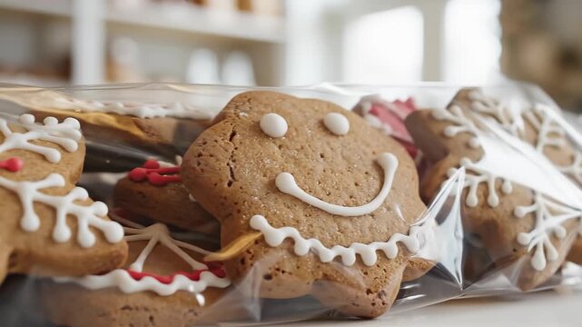 Packaged gingerbread cookies with festive icing decorations. Close-up of snowflake and smiling gingerbread men in plastic bags. Christmas holiday bakery sweets