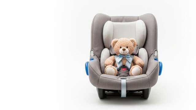 Teddy bear in gray child car seat on white background - Powered by Adobe