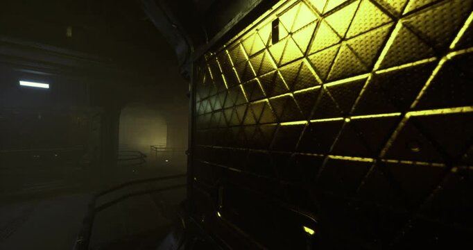 A dark industrial interior features a textured wall illuminated by soft yellow light, creating a mysterious atmosphere. Shadows and reflections enhance the visual depth of the setting.