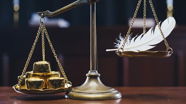 Scales Balancing Gold Bars and Feather in Courtroom Setting
