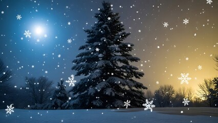 Majestic snow covered pine tree stands tall during a heavy snowfall under a dramatic twilight sky
