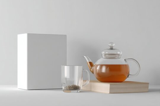 A clear teapot with amber tea sits on a wooden board against a minimalist white background. Tea Box Mockup