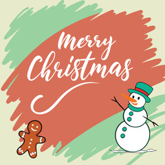 Merry christmas greeting with snowman and gingerbread man, A festive illustration featuring a cheerful snowman and a gingerbread man against a backdrop of brushstrokes and the words Merry Christmas.