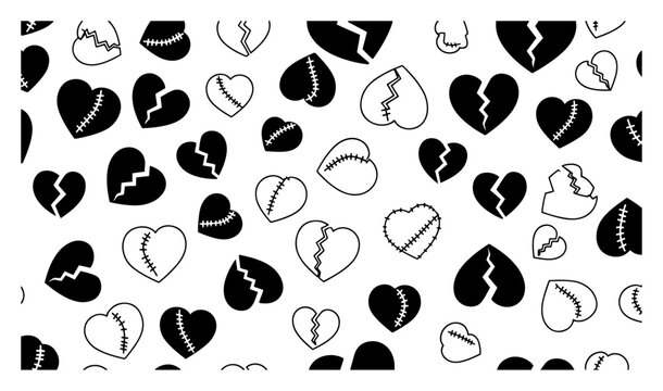 Seamless pattern of broken and stitched hearts concept of sadness and emotional healing vector texture