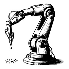 Hand drawn industrial robotic arm vector illustration with precision manufacturing nozzle sketch
