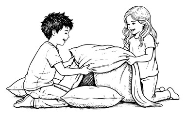 Two happy children building a pillow fort with blankets vector illustration in vintage sketch style representing playful siblings