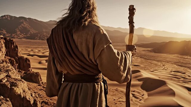 Biblical prophet Moses standing on a rocky cliff overlooking a vast desert at sunset. Rear view of a man in ancient robes holding a wooden staff. Religious concept