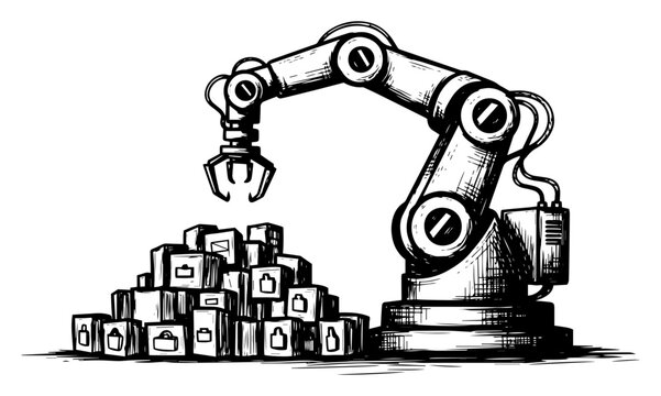 Industrial robotic arm handling pile of boxes vector illustration in vintage sketch style representing warehouse automation and logistics