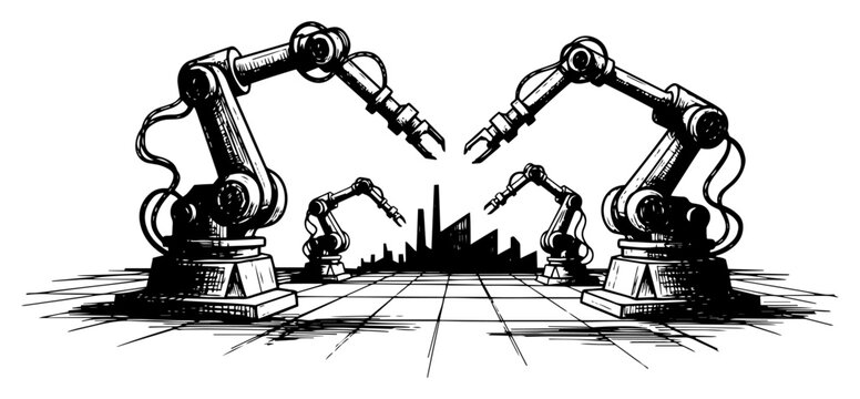 Automated factory assembly line with multiple robotic arms vector illustration in vintage sketch style representing smart manufacturing industry