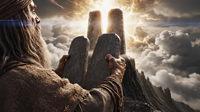 Biblical scene of Moses receiving the Ten Commandments on Mount Sinai. Prophet holding stone tablets under divine light and dramatic clouds. Old Testament religious concept