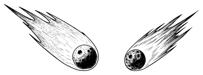 Two falling comets with textured tails and craters hand drawn sketch style vector illustration of meteorites or asteroids © Katarzyna