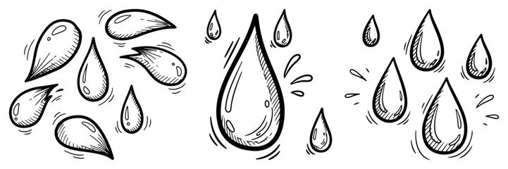 Set of hand drawn water drops and rain splashes concept of liquid nature and weather elements vector sketch © Katarzyna