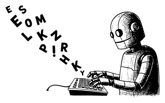 Hand drawn sketch of a robot typing on a keyboard with floating letters representing AI content generation and coding