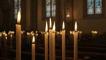 Burning cluster of seven tall white taper candles glowing in church sanctuary, with wax drips