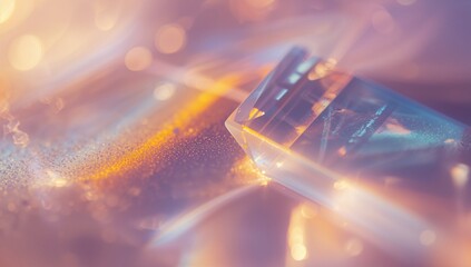 Refracting faceted glass prism casting color streaks on studio table with glitter bokeh, copy space