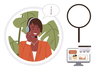 Customer service professional providing help through headset, magnifying glass for investigation, and monitor showing charts. Ideal for support, communication, analysis, help desk, business