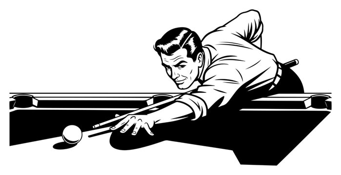 Retro style vector illustration of a handsome man playing billiards aiming at the ball with a cue stick on a pool table