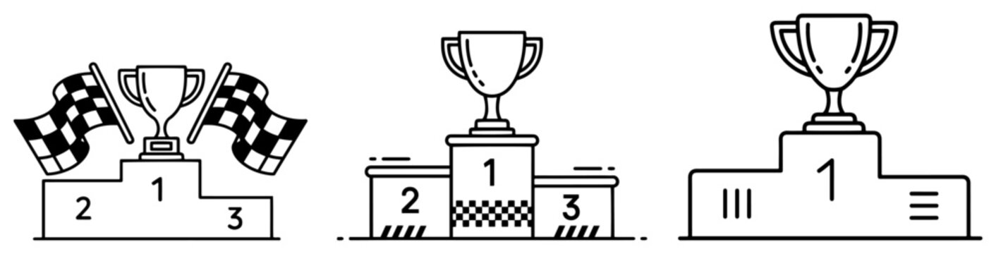 Line art illustration of winners podium set with trophy cups and checkered flags representing victory and success in sports