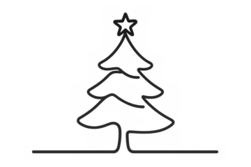 Christmas tree minimalist line drawing icon with a star, symbolizing holidays, winter, and celebration on a transparent background