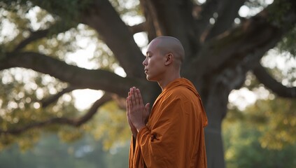 Monk standing beneath tree in dappled light pressing hands in prayer with saffron robe, copy space