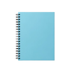 Light blue spiral bound notebook, isolated on black background, top view